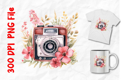 Retro Polaroid Camera And Wild Flowers