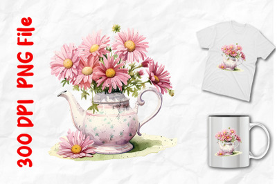 Cute Pink Tea Pot Pink Daisy