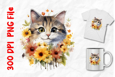 Smile Cat Wild Flowers Vintage Retro