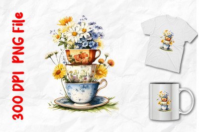 Vintage Tea Cups Stack And Daisy