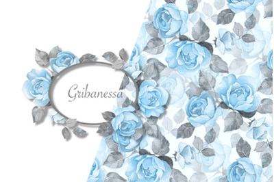 Blue roses. Floral pattern and PNG frame