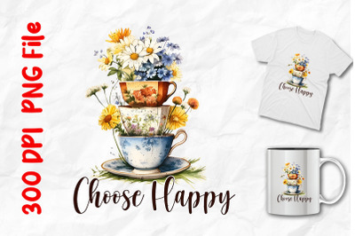 Choose Happy Tea Cups Wild Flowers