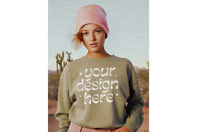 Gildan 18000 Sweatshirt Mock ups&2C; Gildan Crewneck Kiwi Mockup&2C; Model W