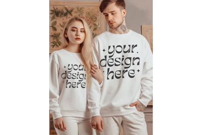 Couple Gildan 18000 White, Gildan 18000 White Sweatshirt, Crewneck Whi