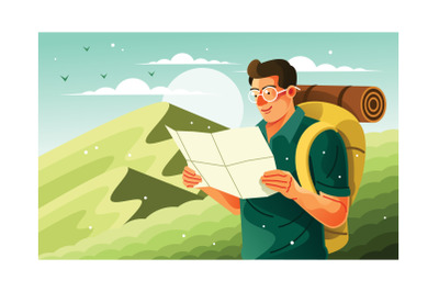 Holding a Map with a Backpack for Hiking