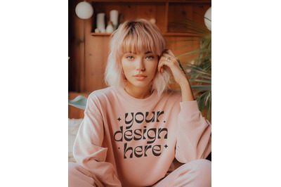 Gildan 18000 Pink Mockup, Light Pink Sweatshirt Mockup, Sweater Model