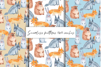 Forest animals. Watercolor seamless patterns