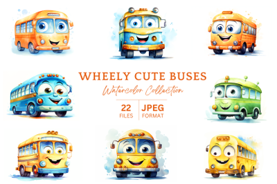 Wheely Cute School Buses Watercolor