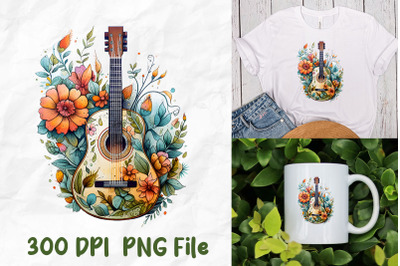 Retro Hippie Guitar And Flowers