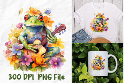 Hippie Frog Playing Guitar Flowers