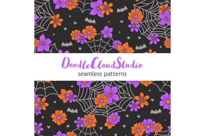 SET of 4 Halloween Seamless Pattern, Retro Halloween Floral and Spider