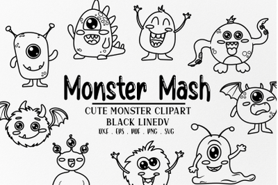 Cute Black Line Monsters svg | Cute Halloween svg clipart | Coloring P