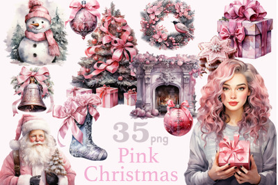 Pink Christmas Clipart Set | Fashion Girl Illustration PNG