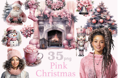 Pink Christmas PNG Bundle | Black Woman Clipart