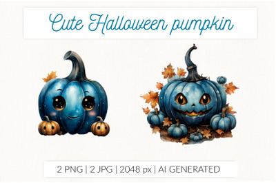 Cute Halloween blue pumpkin Watercolor clip art AI