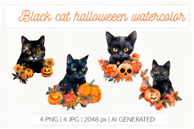 Black cat Watercolor clip art with pumpkin and flowers