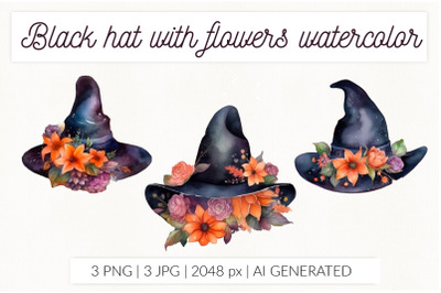 Black hat with flowers Watercolor clip art