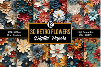 3D Retro Flowers Digital Papers Backgrounds