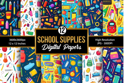 School Supplies Seamless Patterns, Back to School Digital Papers