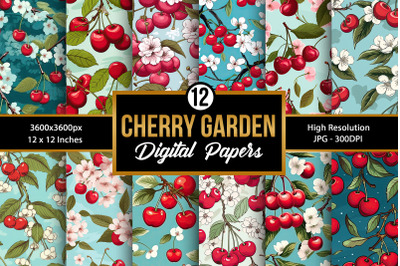 Cherries Floral Garden Seamless Pattern Digital Papers