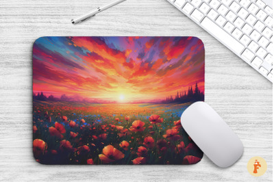 Sunset Over Flowers Field Mouse Pad