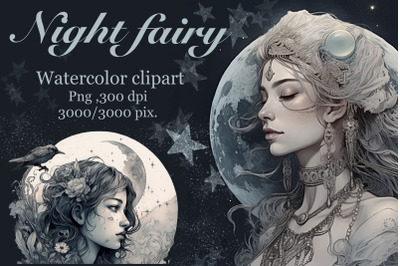 Moon fairy, girl and night, watercolor clipart.