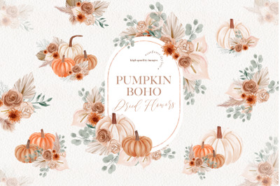 Pumpkin Dried Floral Pampas Grass Clipart&2C; Little Pumpkin