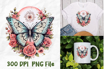 Retro Hippie Butterfly And Pink Roses