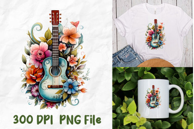 Retro Hippie Pattern Guitar And Flowers