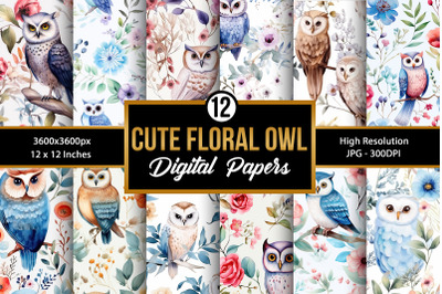 Watercolor Floral Owl Seamless Pattern Digital Papers