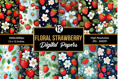 Floral Strawberry Seamless Pattern Digital Papers