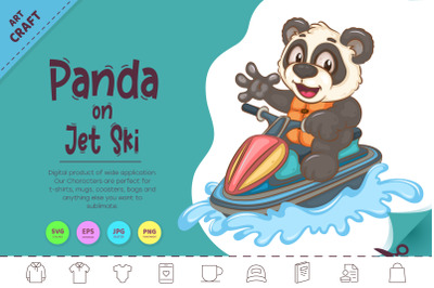 Cartoon Panda on Jet Ski. Animal Art.