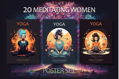 20 meditating women. Poster set.