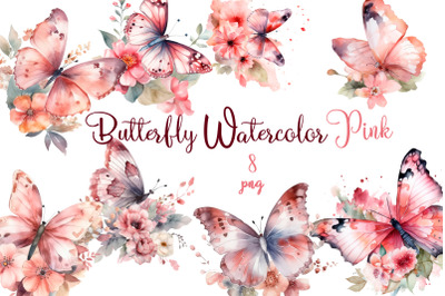 Pinc watercolor Butterflies for Sublimation&2C; Flower PNG