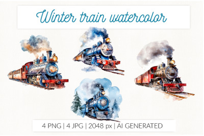 Christmas winter train Watercolor clip art (AI generative)
