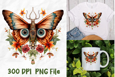 Retro Hippie Moth Flowers Watercolor