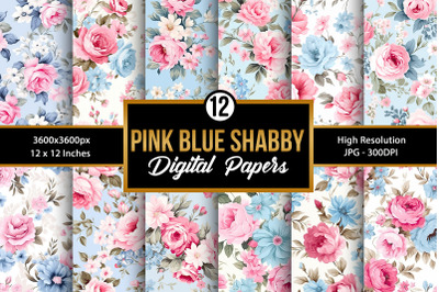 Pink Blue Shabby Chic Flowers Seamless Patterns