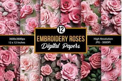 Pink Embroidery Roses Seamless Pattern Digital Papers