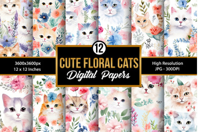 Watercolor Floral Cats Digital Papers