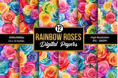 Rainbow Watercolor Roses Digital Papers