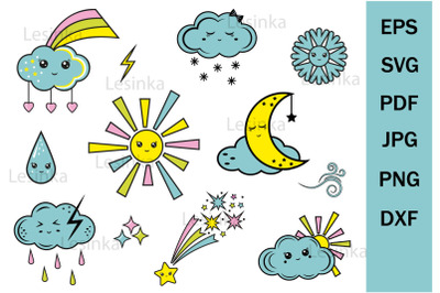 Set Meteorological symbols of kawaii, sublimation, clipart