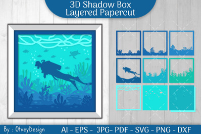 Snorkeller Scuba Diver Papercut | Scuba Diver 3D ShadowBox