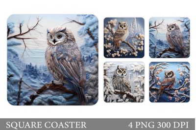 Owl Square Coaster. Owl In Winter Landscape Coaster Design