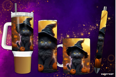 Halloween Black Kitten Bundle | Tumbler | Mug | Pen