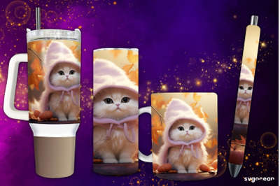 Halloween White Kitten Bundle | Tumbler | Mug | Pen