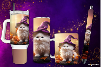 Halloween White Kitty Bundle | Tumbler | Mug | Pen