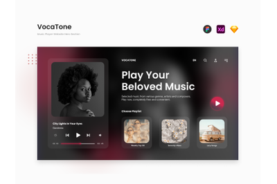 VocaTone - Dark Beauty Music Player Website Hero Section