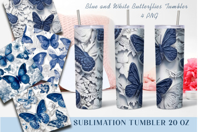 Blue and White Butterflies Tumbler | Sublimation 20 oz