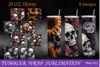 Halloween tumbler wrap with flower skull png