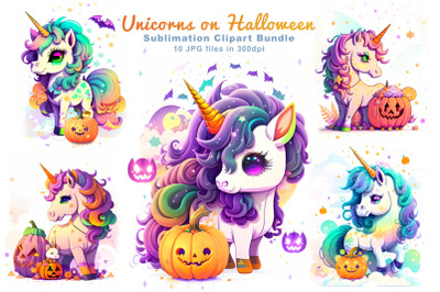 Unicorns on Halloween Sublimation Clipart Bundle